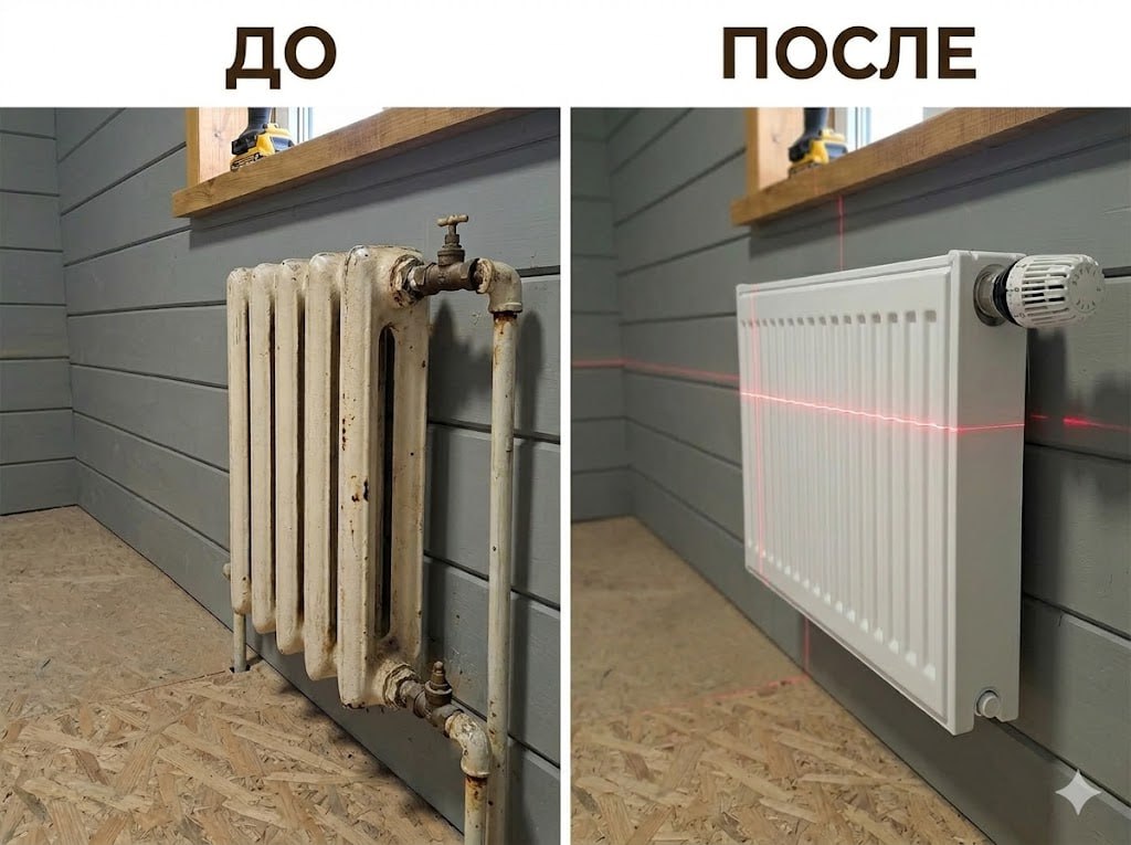 Замена радиатора с лазерным уровнем